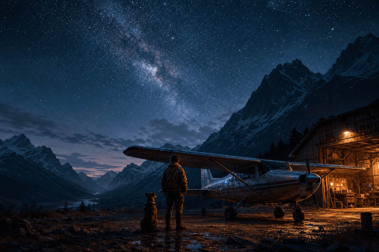 Geraldine at the hangar under the Milky Way