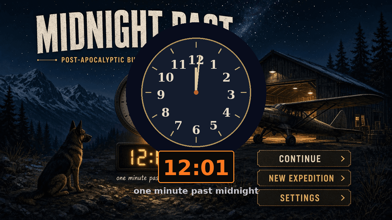 Hangar at night with Bulletin Clock at 12:01